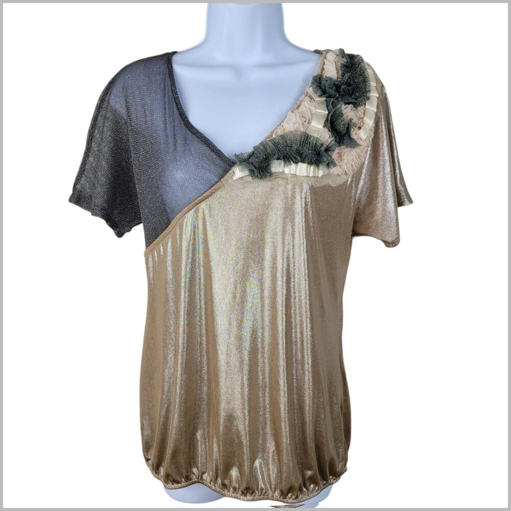 Vtg BKE Buckle Top Medium  Black Gold Metallic Sheer Retro 90s Y2K Whimsigoth
